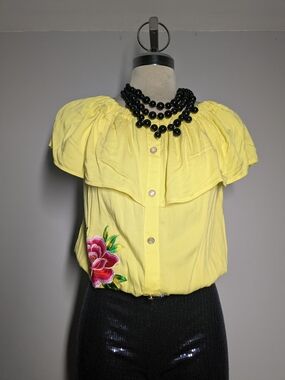 Yellow Puff-Sleeve Button-Front Blouse with Pink Floral Embroidery